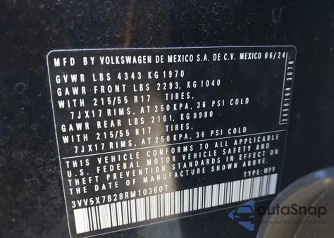 2024 Volkswagen Taos 1.5T S z USA, uszkodzony, nr VIN 3VV5X7B28RM103607